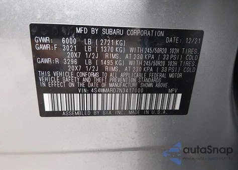 2022 Subaru Ascent Touring from USA, damaged, VIN 4S4WMARD7N3417000